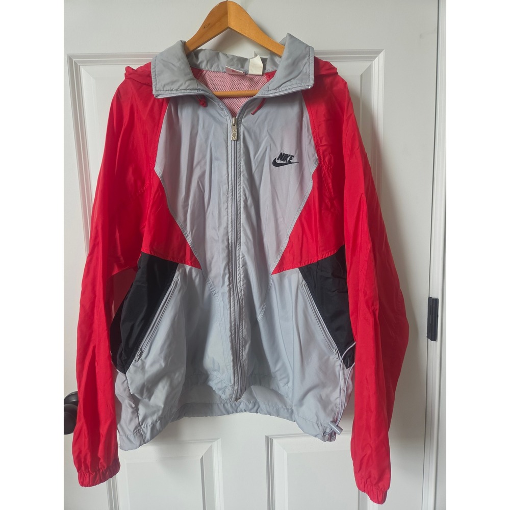 Vintage Nike Windbreaker Jacket Large Red Gray Black Colorblock Hooded 90s